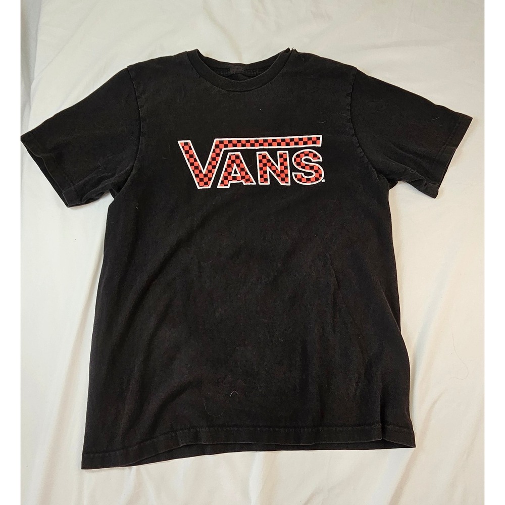 Vans Graphic‎ T-Shirt Black Red Checkerboard Logo Short Sleeve Crew Neck Mens S